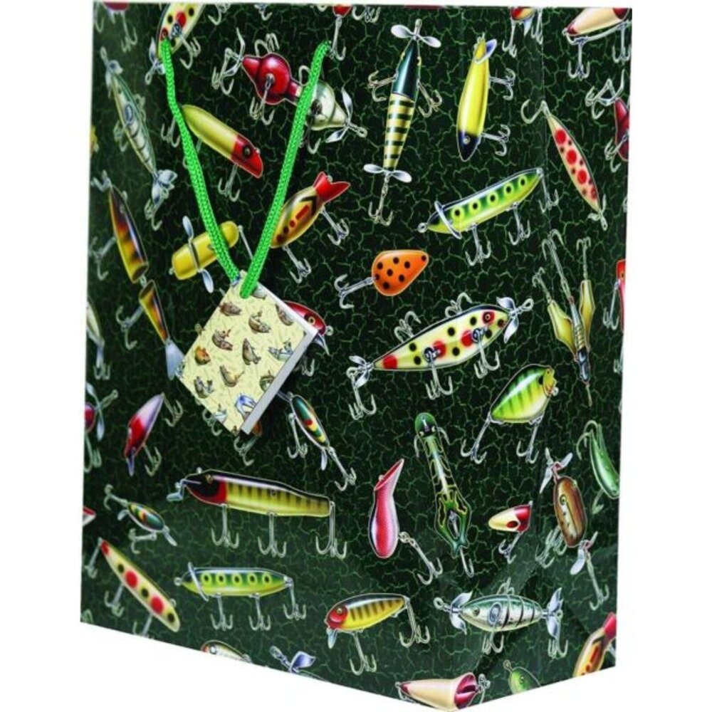 Rivers Edge Antique Lure Fishing Gift Bag Green Handle Card Tag 10 x 8 x 4 NEW